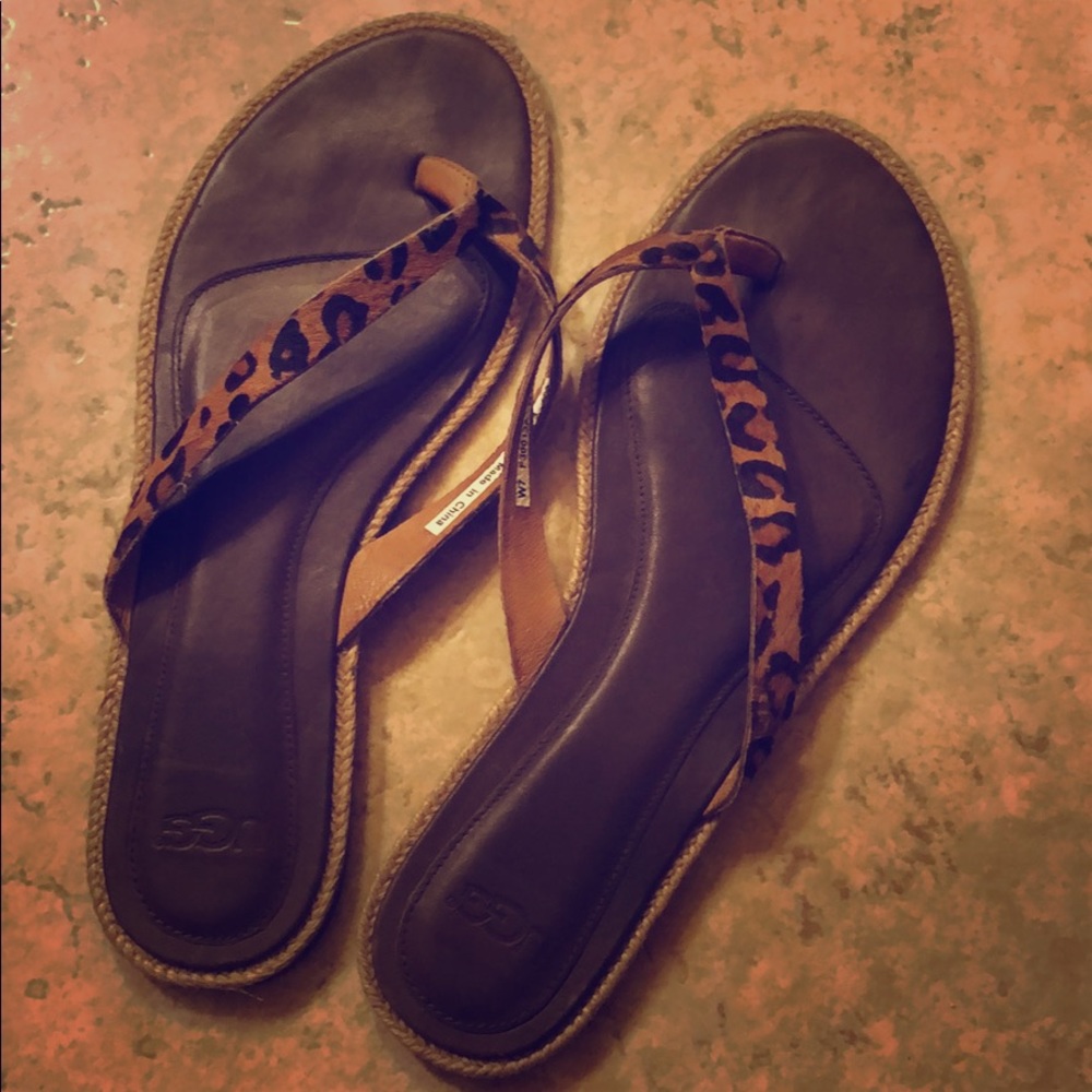 UGG leopard print calf hair flip flops